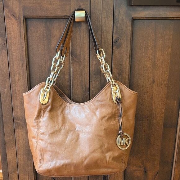 Michael Kors Lilly Walnut Soft Leather Gold Chain Strap Tote Shoulder Bag - Picture 14 of 14
